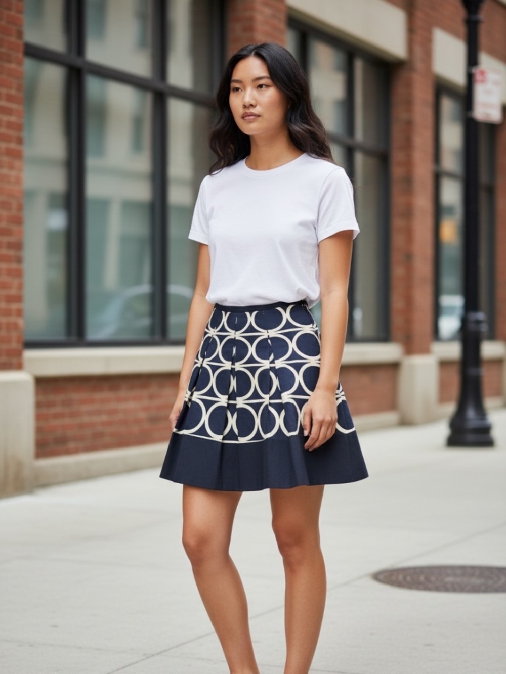 Ann Taylor Petite Navy White Geometric Circle Pleated A-Line Skirt Size 2P